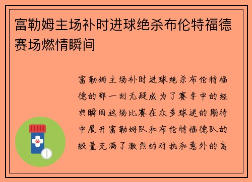 富勒姆主场补时进球绝杀布伦特福德赛场燃情瞬间